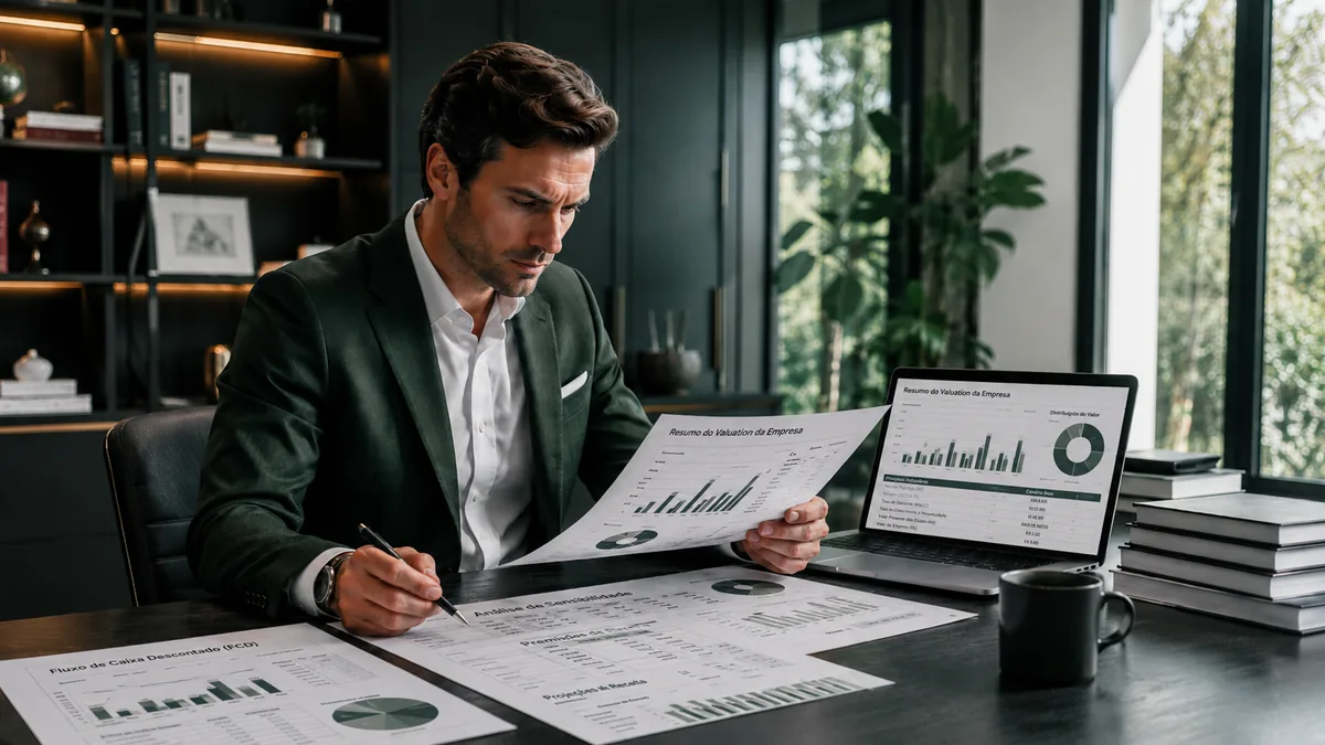 Empresário avaliando o valuation da empresa com dados financeiros